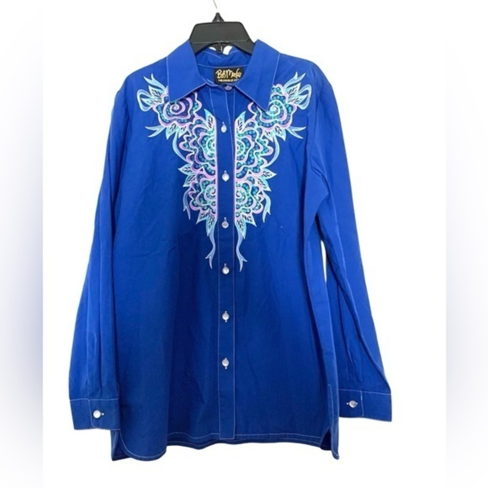 New Bob Mackie Wearable Art Shirt Button Down Embroidered Floral Blue Small